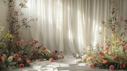 dreamy ambiance with an ethereal silk center and delicate floral edges, perfect for showcasing wedding decor and bridal accessories.