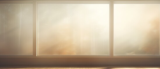 A rectangular room with many woodenframed windows letting in the suns rays, casting tints and shades of light on the art display. Foggy glass adds a mysterious touch as the sky peeks through