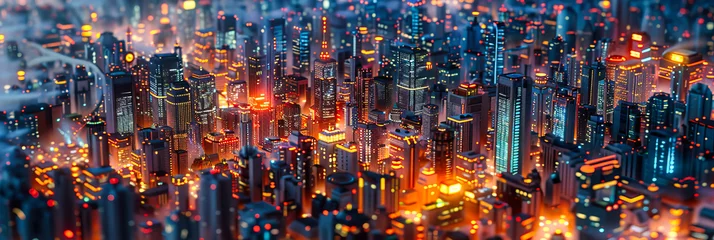 Foto op Plexiglas Twilight Over Dubai, Aerial View of Illuminated Skyscrapers, Urban Cityscape, Modern Architecture © Real