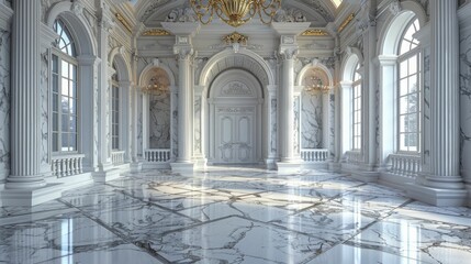 high-end fashion display with a regal touch - a Luxurious White Marble center surrounded by a Royal Palace Ballroom border.