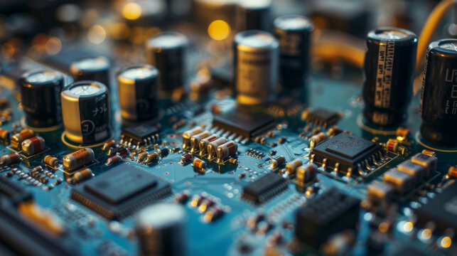 Macro shot of a dense electronic circuit board with various components and connectors.