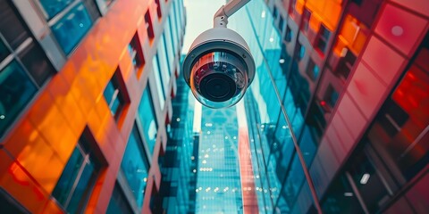City street surveillance camera monitoring for security with motion and face recognition technology capturing live footage. Concept City surveillance, Security monitoring, Motion recognition - obrazy, fototapety, plakaty