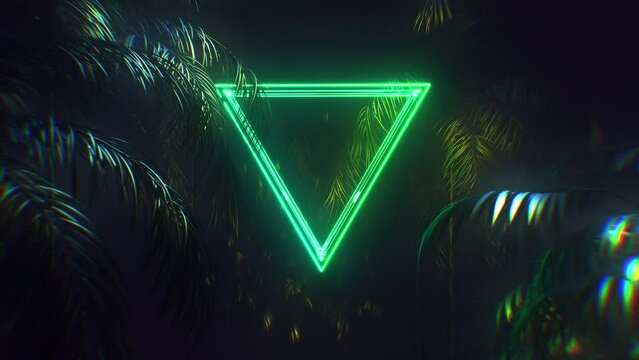 Against the background of tropical plants, glowing frames with neon lights, useful for displaying text and logos, seamless loop 4K

