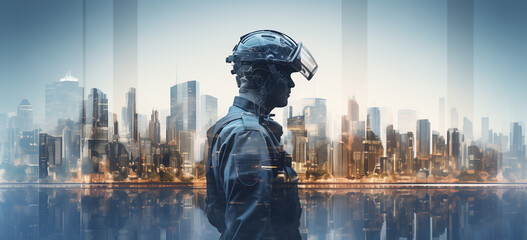  Double exposure of futuristic soldier and city skyline. Generative AI