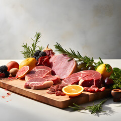 Minimal food photography. Stack of fresh raw meat on a table. Still life concept. Raw meat and fruits.
