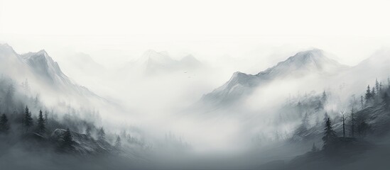 A monochromatic painting depicting a foggy mountain range with trees in the foreground, creating a serene atmosphere with grey clouds and haze - Powered by Adobe