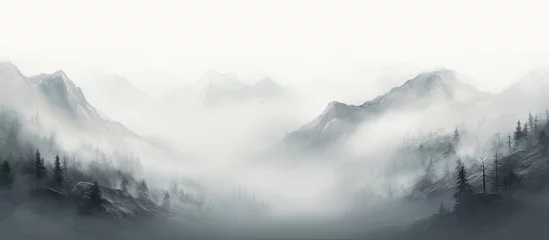 Fotobehang A monochromatic painting depicting a foggy mountain range with trees in the foreground, creating a serene atmosphere with grey clouds and haze © TheWaterMeloonProjec