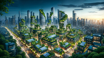 Fototapeta na wymiar Eco-friendly buildings with greenery and solar panels in modern city skyline