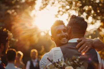 Happy gay couple in wedding ceremony at - obrazy, fototapety, plakaty