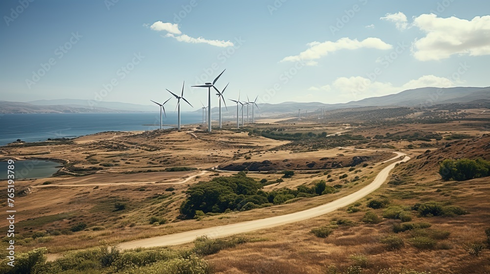 Wall mural electric windmills of a wind farm or wind power station on the sea coast