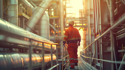 Oil production worker in petroleum-producing background. Industrial, factory background. - obrazy, fototapety, plakaty