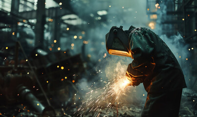 Welder working  in metallurgical factory. Industrial concept. - obrazy, fototapety, plakaty