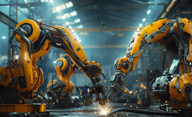 Yellow arm  robot welder in metallurgical factory.  Industrial concept. - obrazy, fototapety, plakaty
