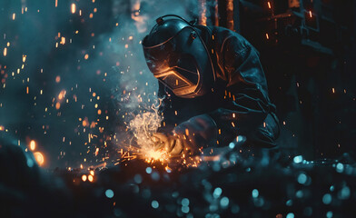 Working welder in metallurgical factory. Industrial concept. - obrazy, fototapety, plakaty