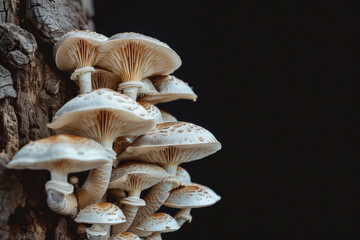 mushrooms growing on a log, on a black background