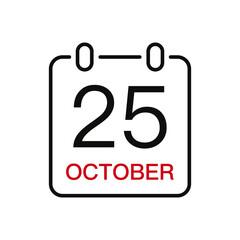 October 25 date on the calendar, vector line stroke icon for user interface. Calendar with date, vector illustration.