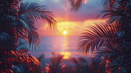 Create an exotic ambiance with a vibrant blend of Tropical Palm Leaves and a Beach Sunset border, perfect for summer resort vibes.
