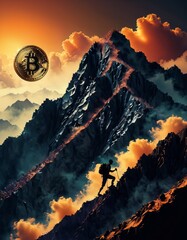 A lone explorer hikes towards a Bitcoin symbol atop a mountain ridge, symbolizing the pursuit of digital currency. The image blends financial concepts with outdoor adventure.