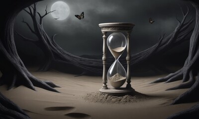 In a haunting gothic landscape under a full moon, an hourglass stands, caught between twisted trees. Butterflies navigate this mystical scene, hinting at transformation amidst the theme of passing