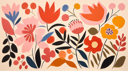 Fond avec des illustrations de fleurs colorées et minimalistes. Plante, nature, art. Pour conception et création graphique.