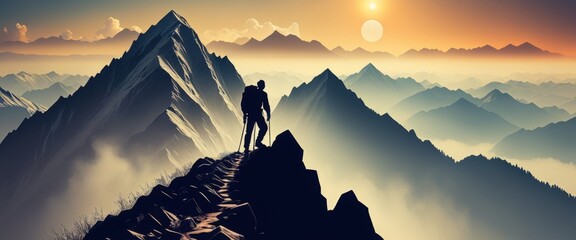 A trekker hikes along a narrow mountain trail at sunrise, the path leading towards a majestic summit. The layered peaks bask in the soft morning light. - obrazy, fototapety, plakaty