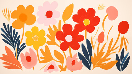 Fond avec des illustrations de fleurs colorées et minimalistes. Plante, nature, art. Pour conception et création graphique.