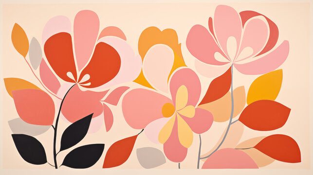 Fond avec des illustrations de fleurs color&eacute;es et minimalistes. Plante, nature, art. Pour conception et cr&eacute;ation graphique.