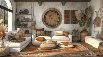 Home living room interior with ethnic decoration, African style, 3D rendering, generative AI