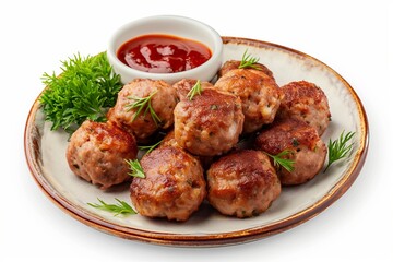Plate of tasty meat balls with sauce isolated on white, meatballs with sauce closeup, meatballs, meat dish, meat recipe, meatball closeup - obrazy, fototapety, plakaty