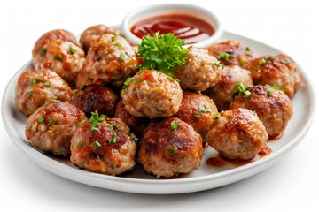 Plate of tasty meat balls with sauce isolated on white, meatballs with sauce closeup, meatballs, meat dish, meat recipe, meatball closeup - obrazy, fototapety, plakaty