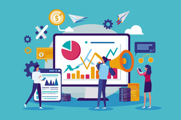 Market research, marketing or advertising survey to launch product, competitors research or social media report, marketing report concept, business people look at magnify market data chart