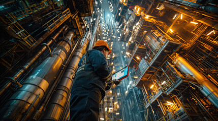A focused engineer in a hardhat uses a digital tablet to review data inside a bustling industrial plant, showcasing technology in manufacturing - obrazy, fototapety, plakaty