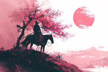 a man riding a horse on a hill with pink blossoms - obrazy, fototapety, plakaty