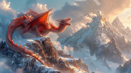 Red dragon is flying over a snowy mountain range. The dragon is the main focus of the image, and it is in a state of flight, soaring over the mountains. Concept of adventure and wonder - obrazy, fototapety, plakaty
