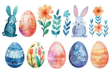 Watercolor set design with colorful easter eggs - obrazy, fototapety, plakaty
