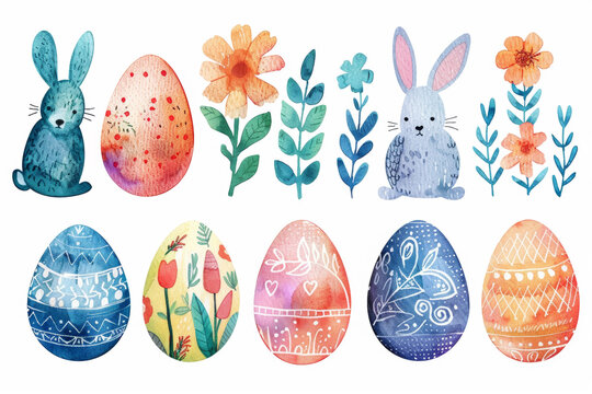 Watercolor set design with colorful easter eggs