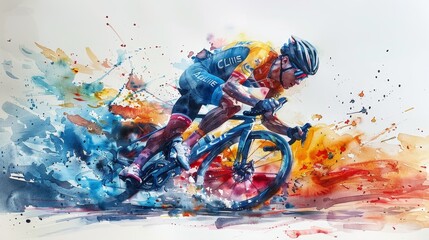 Abstract watercolor painting of a mountain biker