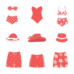 Swim wear isolated on white background. Set. Beautiful red swimsuits, swimming trunks, beach hats. Summer vector illustration in red colors