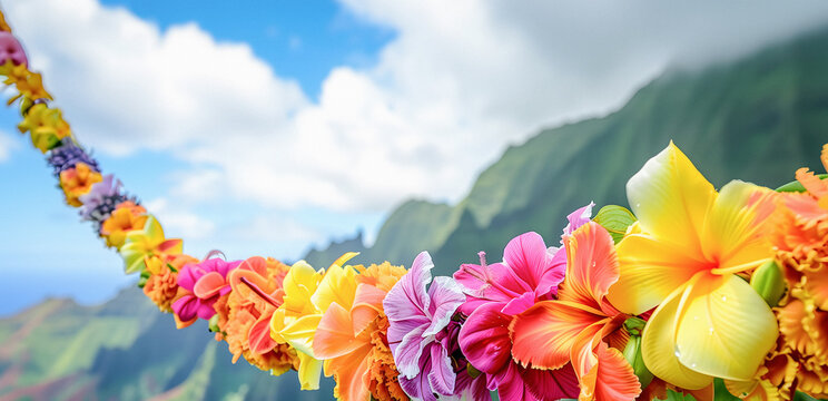 Frangipani, Jasmine And Orchid Tropic Flower And Foliage On Lei Day In May In Hawaii, Booming Vivid Flowers Blurred Bokeh Ocean And Island Background