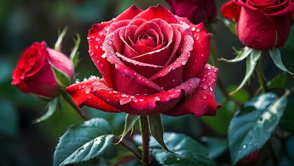 Dark Red Rose With Raindrops Against Green Foliage.Raindrop Adorned Rouge.