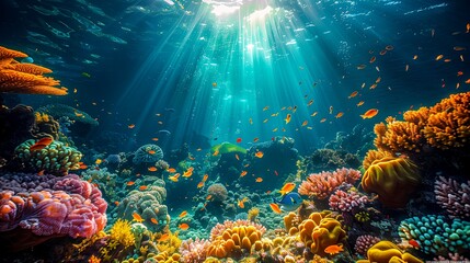 Sunbeams Illuminate Colorful Fish And Coral Underwater - obrazy, fototapety, plakaty