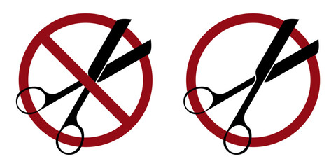 scissors cut ban prohibit icon. Not allowed sharp items. Forbidden to cut