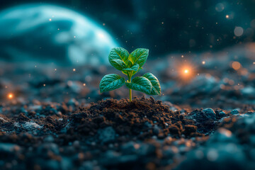 Green Plant On A Distant Planet, New Human Colony, New Life In Space, Moon Or Mars, Earth On Background, Fertile Soil Land - obrazy, fototapety, plakaty