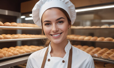 Beautiful young female baker standing in a bakery and smiling at the camera