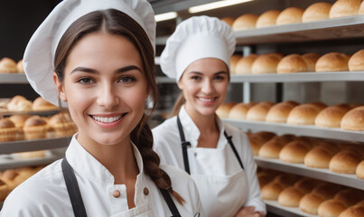 Beautiful young female baker standing in a bakery and smiling at the camera