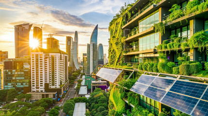 Fototapeta na wymiar Eco-friendly buildings with greenery and solar panels in modern cityscape 