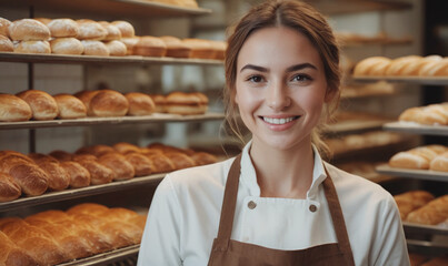 Beautiful young female baker standing in a bakery and smiling at the camera
