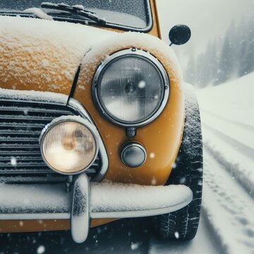 A classic yellow car is blanketed in snow, its headlights glowing softly amidst the falling snowflakes. This image captures the timeless beauty of vintage design juxtaposed with the serenity of a