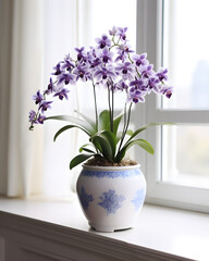 Beautiful close-up realistic a single orchid flower growing in a porcelain flowerpot on a simple background
