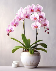 Naklejka na ściany i meble Beautiful close-up realistic a single orchid flower growing in a porcelain flowerpot on a simple background